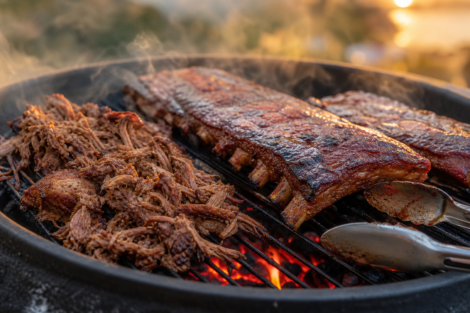 Spareribs en groente op een houtskoolbarbecue met rook