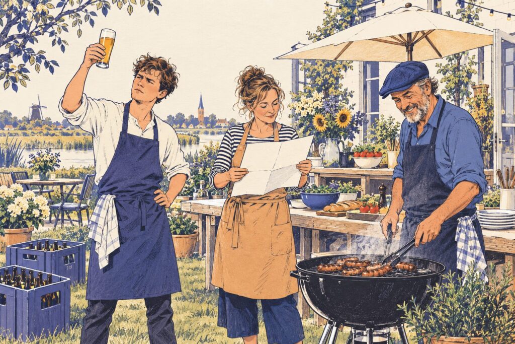 Vrienden bij de barbecue, een van hen bekijkt kritisch een glas bier